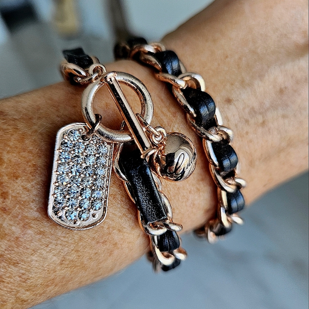 GUESS gold and leather charm chain bracelet
